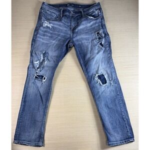 BKE Nolan Straight Stretch Jeans Men's‎ 34x32 Blue Dark Denim Distressed Grunge
